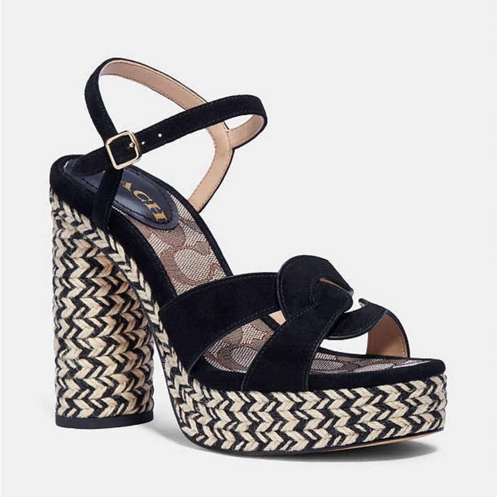 Coach Black Suede Platform Sandals with Braided Raffia Heel